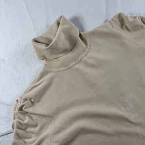 Per Se Women's Medium Tan Ruched Short Sleeve Silk Blend Turtleneck Sweater